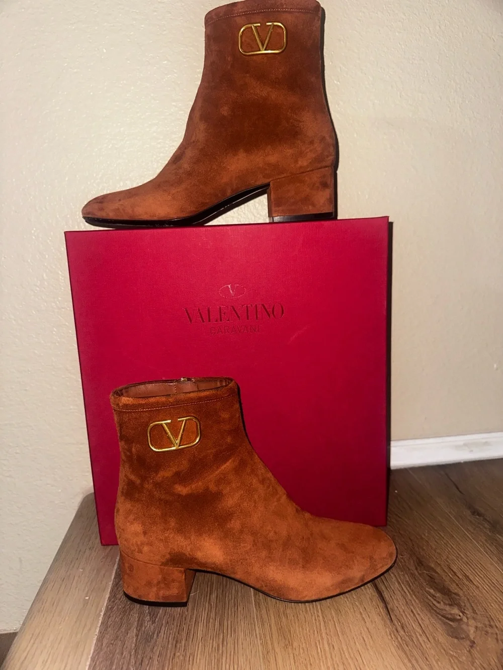 Valentino Rust Brown Suede Ankle Boots with Gold V Logo